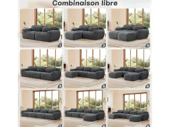Sofá de Canto Modular 3 lugares em tecido peluche, com puff e 3 almofadas, 291x179x73cm, Cinza
