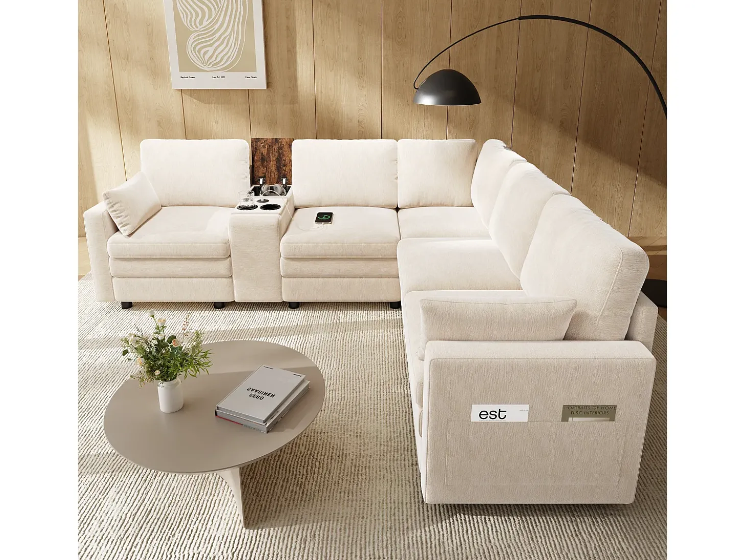 Sofá de canto modular de 5 lugares - 227 x 202 x 83 cm - com porta USB e espaço de armazenamento - para sala de estar e quarto - padrão chenille - bege