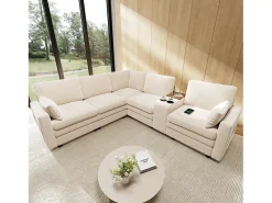 Sofá de canto modular de 5 lugares - 227 x 202 x 83 cm - com porta USB e espaço de armazenamento - para sala de estar e quarto - padrão chenille - bege