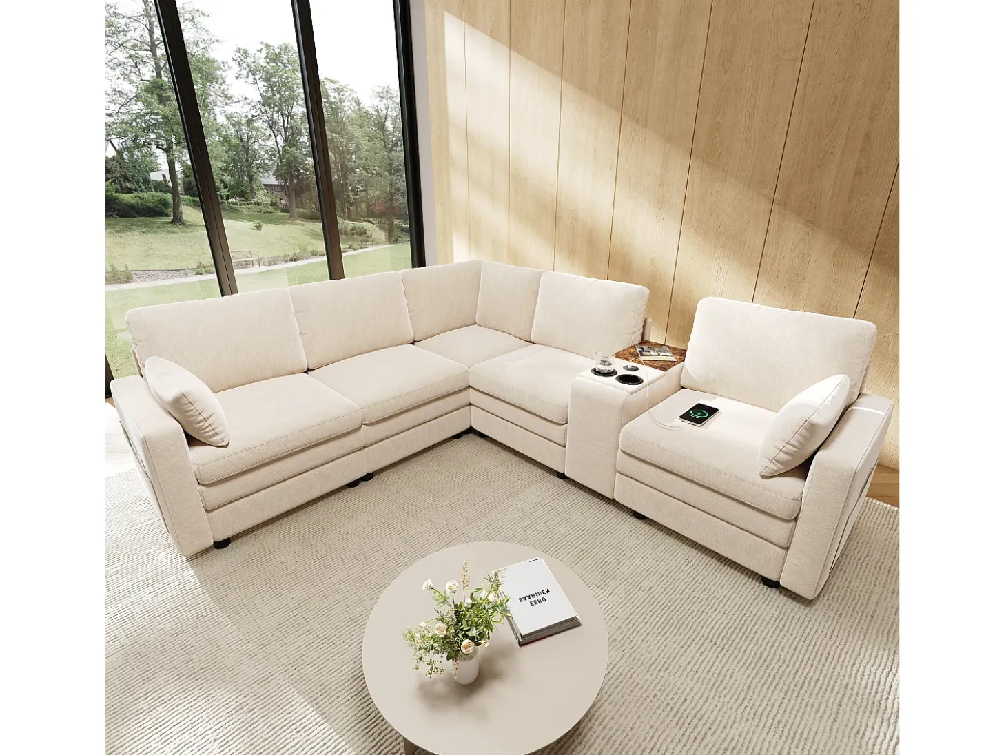 Sofá de canto modular de 5 lugares - 227 x 202 x 83 cm - com porta USB e espaço de armazenamento - para sala de estar e quarto - padrão chenille - bege