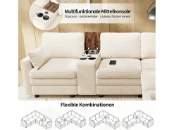 Sofá de canto modular de 5 lugares - 227 x 202 x 83 cm - com porta USB e espaço de armazenamento - para sala de estar e quarto - padrão chenille - bege