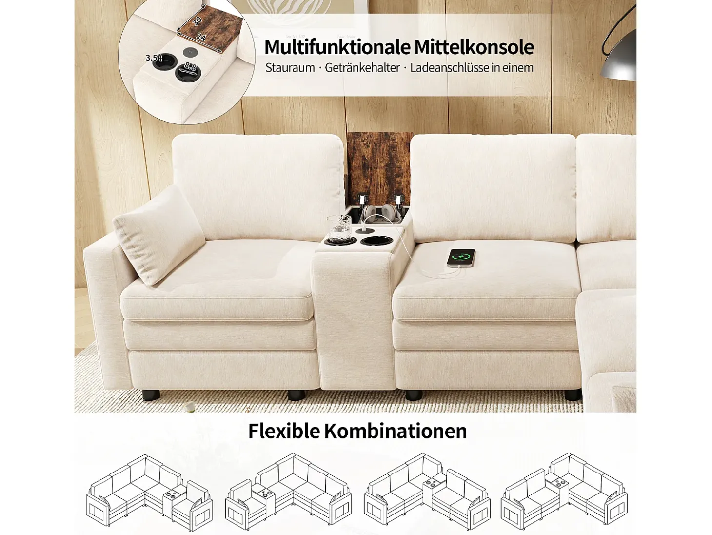 Sofá de canto modular de 5 lugares - 227 x 202 x 83 cm - com porta USB e espaço de armazenamento - para sala de estar e quarto - padrão chenille - bege