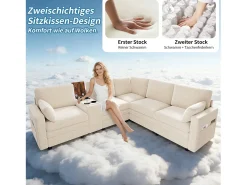 Sofá de canto modular de 5 lugares - 227 x 202 x 83 cm - com porta USB e espaço de armazenamento - para sala de estar e quarto - padrão chenille - bege