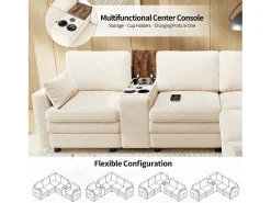 Sofá de canto modular de 5 lugares - 227 x 202 x 83 cm - com porta USB e espaço de armazenamento - para sala de estar e quarto - padrão chenille - bege