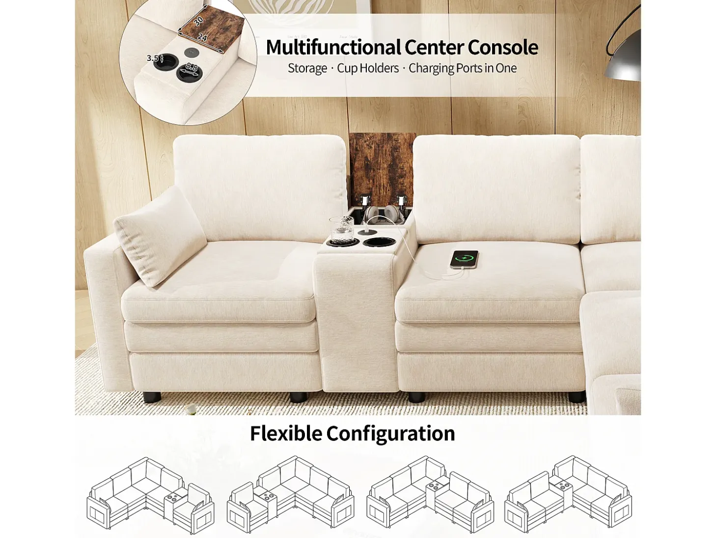 Sofá de canto modular de 5 lugares - 227 x 202 x 83 cm - com porta USB e espaço de armazenamento - para sala de estar e quarto - padrão chenille - bege