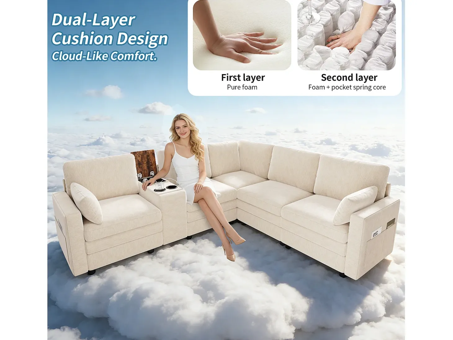 Sofá de canto modular de 5 lugares - 227 x 202 x 83 cm - com porta USB e espaço de armazenamento - para sala de estar e quarto - padrão chenille - bege