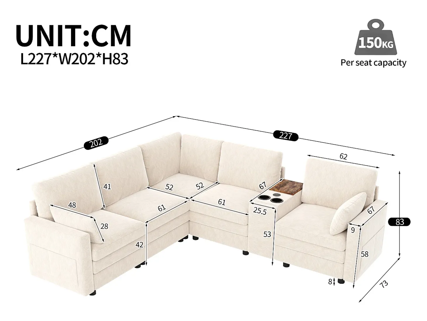 Sofá de canto modular de 5 lugares - 227 x 202 x 83 cm - com porta USB e espaço de armazenamento - para sala de estar e quarto - padrão chenille - bege
