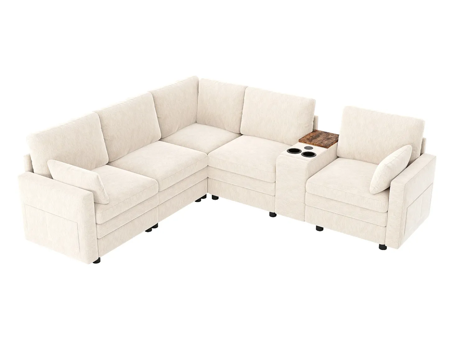 Sofá de canto modular de 5 lugares - 227 x 202 x 83 cm - com porta USB e espaço de armazenamento - para sala de estar e quarto - padrão chenille - bege