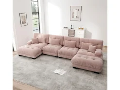 Sofá de canto modular, em forma de U, quatro lugares, com apoio para os pés removível, tecido chenille, rosa