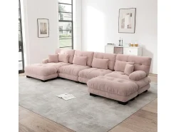 Sofá de canto modular, em forma de U, quatro lugares, com apoio para os pés removível, tecido chenille, rosa