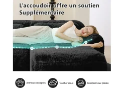 Sofá de Canto Modular em tecido peluche, com puff e 4 almofadas, sem estrutura, 378x179x73cm, Preto