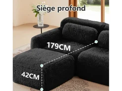 Sofá de Canto Modular em tecido peluche, com puff e 4 almofadas, sem estrutura, 378x179x73cm, Preto