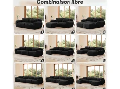 Sofá de Canto Modular em tecido peluche, com puff e 4 almofadas, sem estrutura, 378x179x73cm, Preto