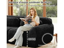 Sofá de Canto Modular Forma de U em tecido peluche, com 2 puffs e 4 almofadas, 378x179x73cm, Preto