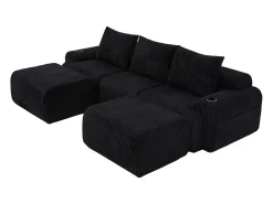 Sofá de canto modular veludo canelado, porta-copos, 2 pufes e 3 almofadas, 268x174x80cm, Preto