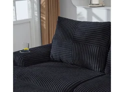 Sofá de canto modular veludo canelado, porta-copos, 2 pufes e 3 almofadas, 268x174x80cm, Preto