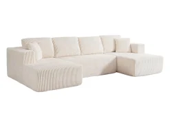 Sofá de canto panorâmico - Veludo canelado Bege - 4 almofadas, 2 travesseiros, 2 chaises - 332x156x88cm