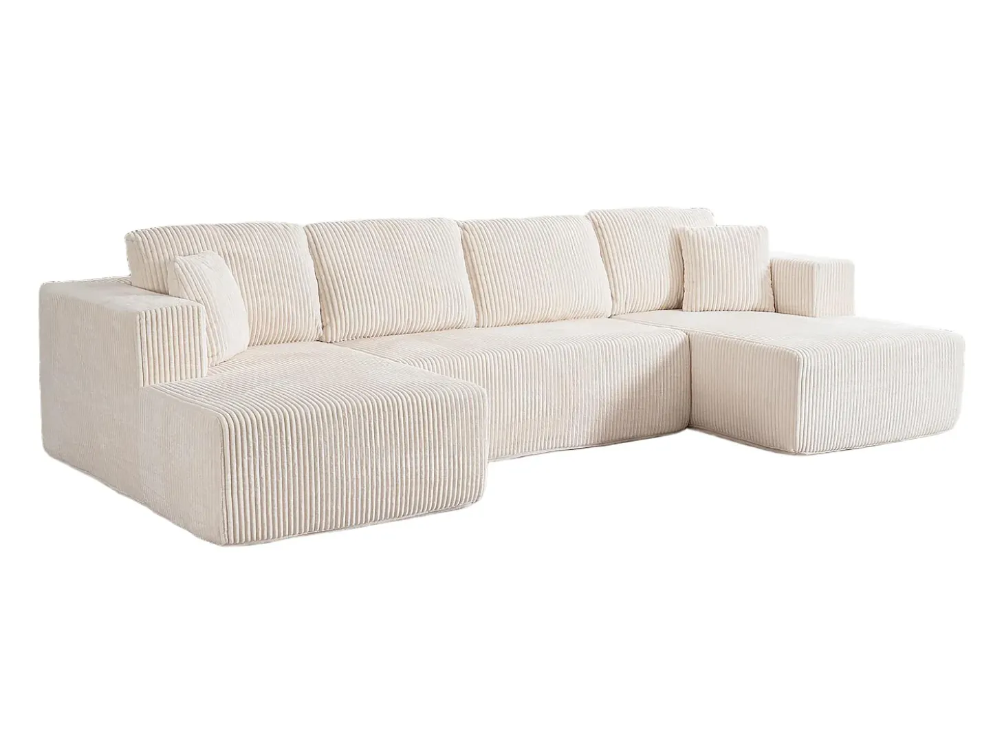 Sofá de canto panorâmico - Veludo canelado Bege - 4 almofadas, 2 travesseiros, 2 chaises - 332x156x88cm