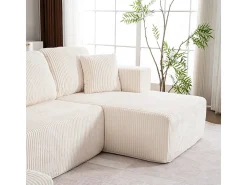 Sofá de canto panorâmico - Veludo canelado Bege - 4 almofadas, 2 travesseiros, 2 chaises - 332x156x88cm