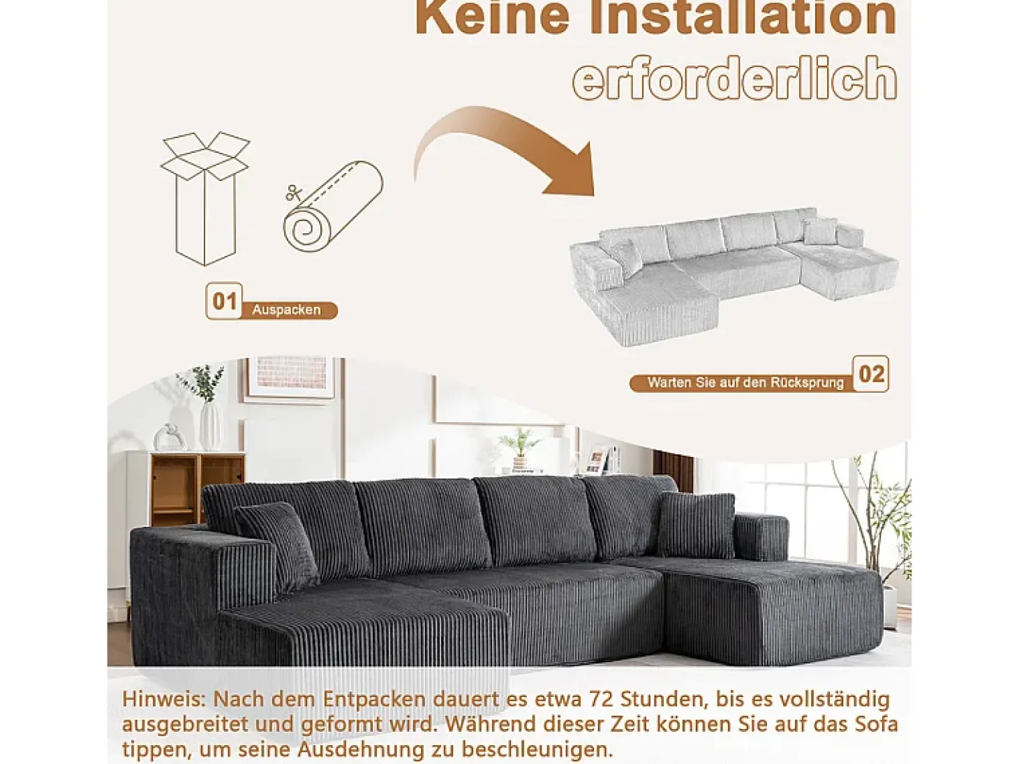 Sofá de canto panorâmico - Veludo canelado Cinzento - 4 almofadas, 2 travesseiros, 2 chaises - 332x156x88cm
