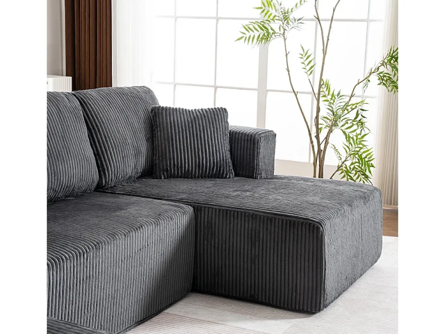 Sofá de canto panorâmico - Veludo canelado Cinzento - 4 almofadas, 2 travesseiros, 2 chaises - 332x156x88cm