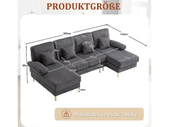 Sofá de canto panorâmico em veludo - 4 lugares - com LED RGB e porta USB+Type-C - 265x135x88cm - Cinza