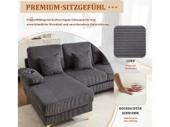 Sofá de canto panorâmico em veludo - 4 lugares - com LED RGB e porta USB+Type-C - 265x135x88cm - Cinza