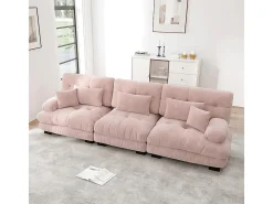 Sofá de canto, três lugares, tecido macio, estofado, rosa
