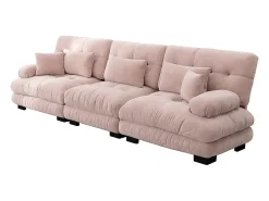 Sofá de canto, três lugares, tecido macio, estofado, rosa