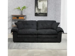 Sofá de dois lugares e cadeirões giratórios em tecido chenille preto - Com almofadas
