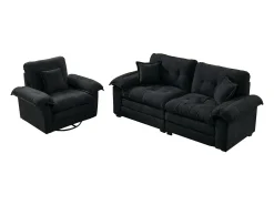Sofá de dois lugares e cadeirões giratórios em tecido chenille preto - Com almofadas