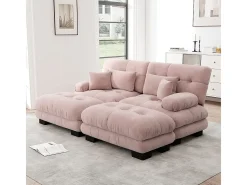Sofá de dois lugares em chenille, duas almofadas lombares e duas almofadas decorativas, braços largos e dois apoios para os pés, revestimento em tecido rosa.