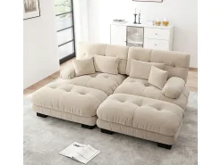 Sofá de dois lugares em chenille, duas almofadas lombares e duas almofadas decorativas, braços largos e dois apoios para os pés, revestimento em tecido bege.