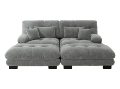 Sofá de dois lugares em chenille, duas almofadas lombares e duas almofadas decorativas, braços largos e dois apoios para os pés, revestimento em tecido cinzento.