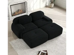 Sofá de dois lugares em veludo xadrez, antiderrapante, com apoios de braços ergonómicos e estofamento macio de alta resistência, preto.