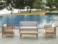 Sofá de jardim 2 lugares em teca natural claro e cinzento - LINERI