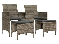 Sofá de jardim de 2 lugares com mesa e bancos vime PE cinzento