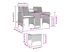 Sofá de jardim de 2 lugares com mesa e bancos vime PE cinzento