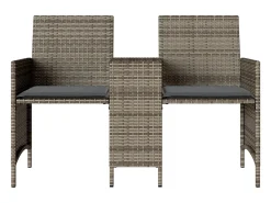 Sofá de jardim de 2 lugares com mesa e bancos vime PE cinzento