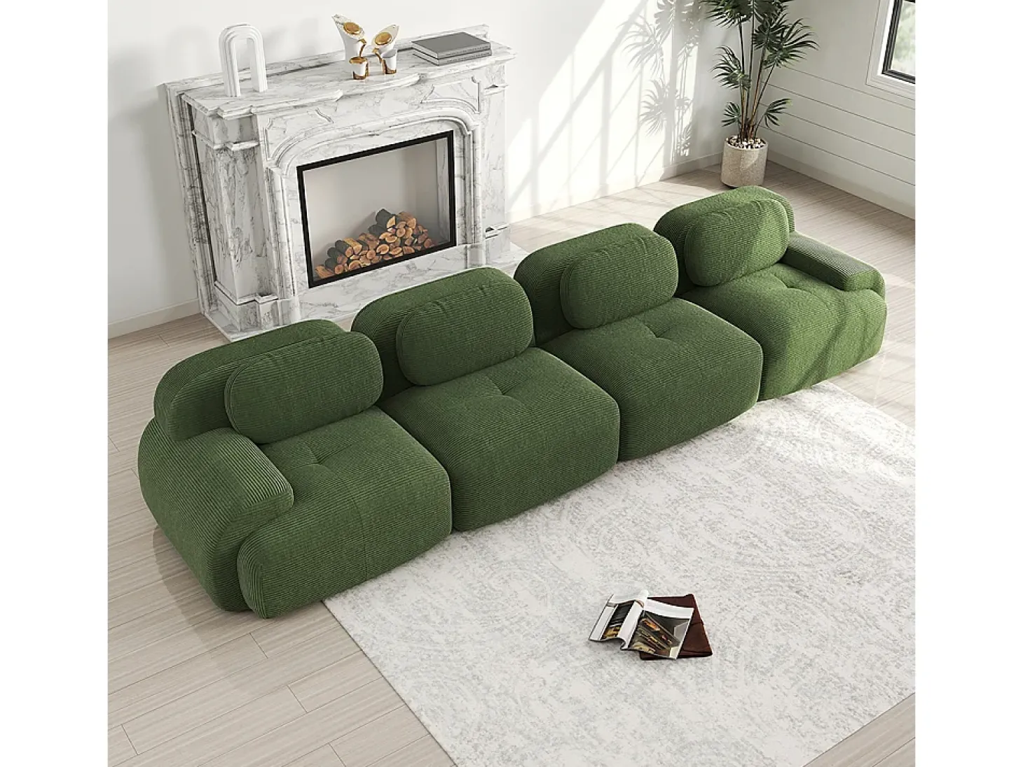 Sofá de quatro lugares, veludo canelado, enchimento de alta resiliência 32D, design ergonómico, embalado a vácuo, verde.