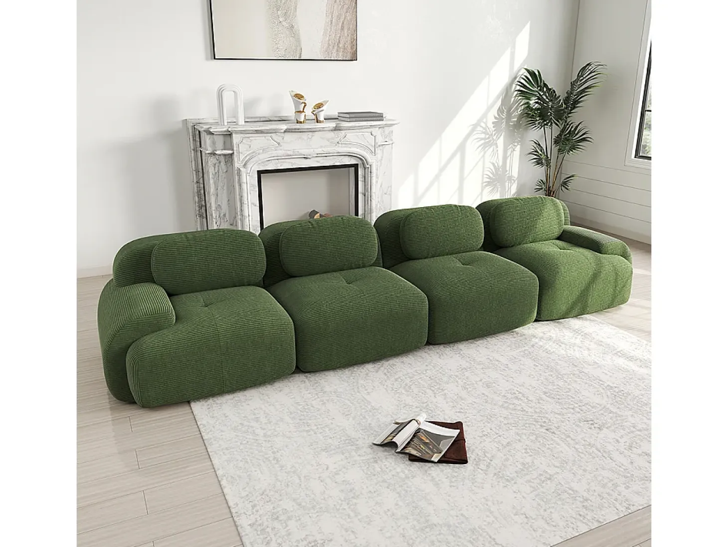 Sofá de quatro lugares, veludo canelado, enchimento de alta resiliência 32D, design ergonómico, embalado a vácuo, verde.