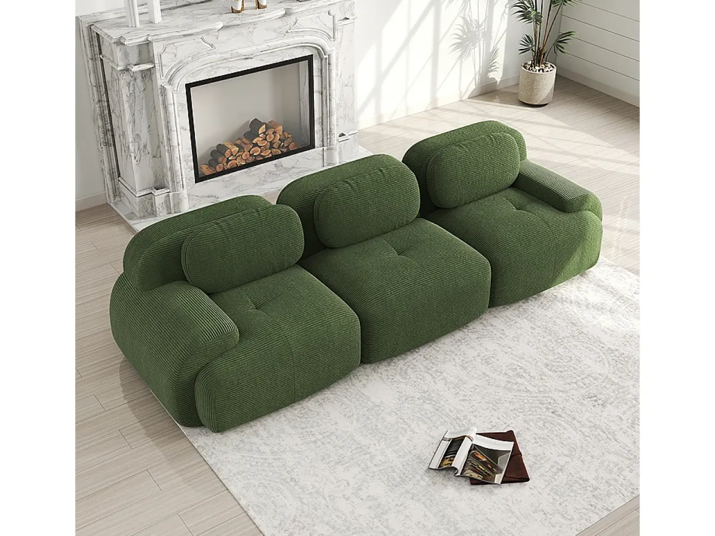 Sofá de três lugares, tecido de veludo canelado, configuração modular, antiderrapante, verde.