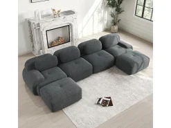 Sofá em U, veludo canelado respirável, enchimento de alta resiliência 32D, apoios de braços extra largos, design ergonómico, cinzento.