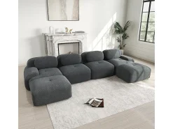 Sofá em U, veludo canelado respirável, enchimento de alta resiliência 32D, apoios de braços extra largos, design ergonómico, cinzento.