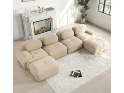 Sofá em U, veludo canelado respirável, enchimento de alta resiliência 32D, apoios de braços extra largos, design ergonómico, bege.