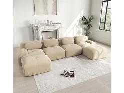 Sofá em U, veludo canelado respirável, enchimento de alta resiliência 32D, apoios de braços extra largos, design ergonómico, bege.