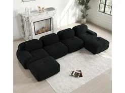 Sofá em U, veludo canelado respirável, enchimento de alta resiliência 32D, apoios de braços extra largos, design ergonómico, preto.