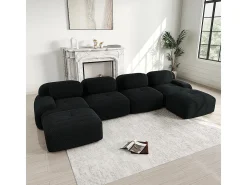 Sofá em U, veludo canelado respirável, enchimento de alta resiliência 32D, apoios de braços extra largos, design ergonómico, preto.
