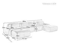 Sofá em U, veludo canelado respirável, enchimento de alta resiliência 32D, apoios de braços extra largos, design ergonómico, preto.