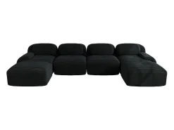Sofá em U, veludo canelado respirável, enchimento de alta resiliência 32D, apoios de braços extra largos, design ergonómico, preto.